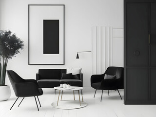 Frame mockup, ISO A paper size. Living room wall mockup. Interior mockup with house white background. Modern interior design. 3D render