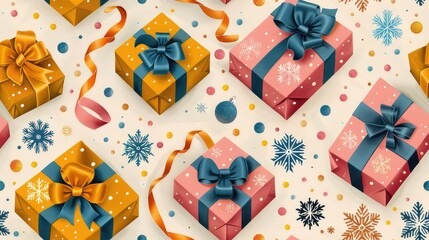 Fototapeta premium Colorful gift boxes with ribbons background, seamless pattern 