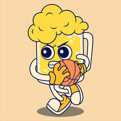 Beer Mug Mascot Character playing Basketball. Retro Flat Cartoon Style. Cartoon Funny Character. Vector Illustration for Logo, Mascot, Merchandise, T-Shirt, Stickers, etc.