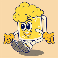 Happy Beer Mug Mascot Character. Retro Flat Cartoon Style. Cartoon Funny Character. Vector Illustration for Logo, Mascot, Merchandise, T-Shirt, Stickers, etc.