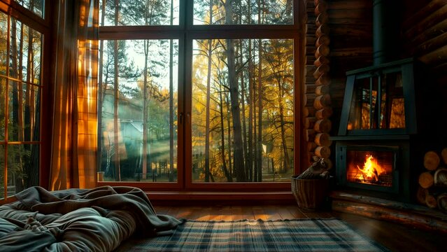 Cozy cabin interior with a fireplace and large window showing a view of the forest trees in summer or autumn. seamless looping time-lapse video