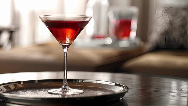 A martini glass sits elegantly on a tray filled to the brim with a striking crimson elixir composed of vodka cranberry juice and a splash of herbal liqueur for a bold and sophisticated