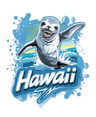 An illustration of Hawaiian monk seal, Text, Hawaii, watercolor, logo style, sticker style, t-shirt design, greeting card, travel