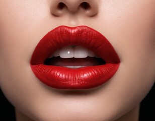 A woman with a red lip is shown in a close up