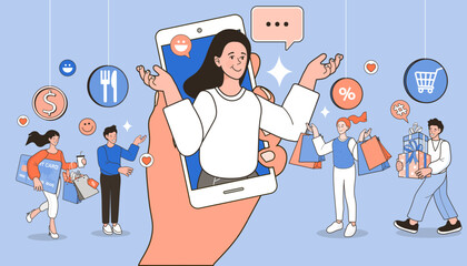 Ecommerce concept. Online shopping. Online delivery service concept. Fast delivery via mobile phone. Man riding motorcycle. Shopping on social networks.