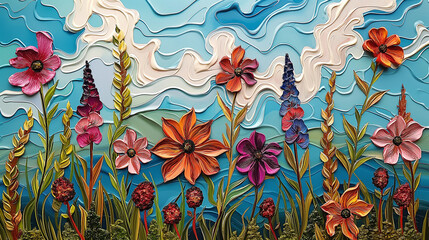 A high-definition oil painting of a vibrant flower field under a dynamic, swirling blue sky with expressive clouds. The flowers at the foreground are rich in red, orange,