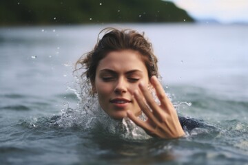 beautiful woman bathing in a lake, splashing water