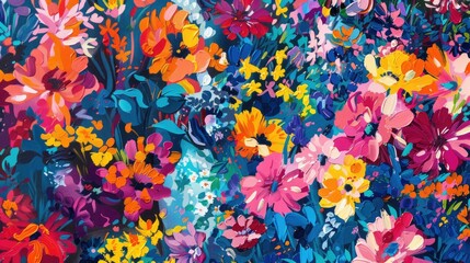 An artistic representation of plants and flowers on a vibrant electric blue background, showcasing a blend of magenta petals and green leaves creating a mesmerizing natural landscape AIG50