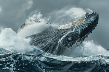 Fototapeta premium A massive blue whale breaching the ocean surface seawater splashes, a moment of awe-inspiring power and grace. Generative AI