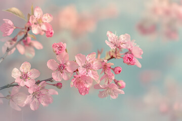 Ethereal cherry blossoms against a clear spring sky, with petals fluttering in the breeze, beautiful nature spring background with a branch of blooming sakura. Generative AI
