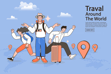 Man and woman traveler with suitcase on color background. concept travel and tourism. Summer holiday planning. Trip planning. Online booking service.