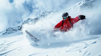 Snowboarder carving through fresh powder, snowcovered mountain and clear sky, exhilarating and highenergy scene