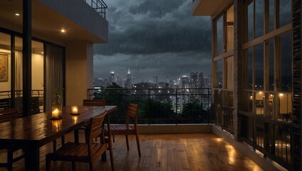 As raindrops dance upon the balcony, they compose a symphony of tranquility, inviting contemplation...
