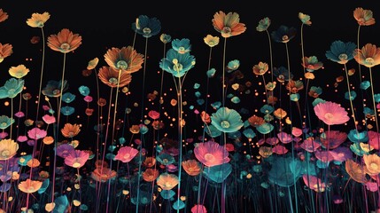 A field of abstract floral patterns, blooming in vivid colors against a stark black background, resembling a night garden in full bloom. 32k, full ultra HD, high resolution