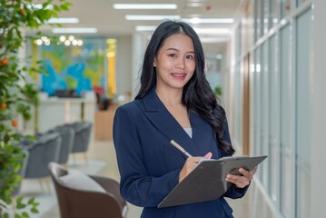 A young businesswoman in a suit is holding a clipboard and smiling at the camera.