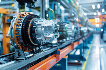 Fototapeta premium Precision engineer aligning electric motor components in a high-tech assembly line.