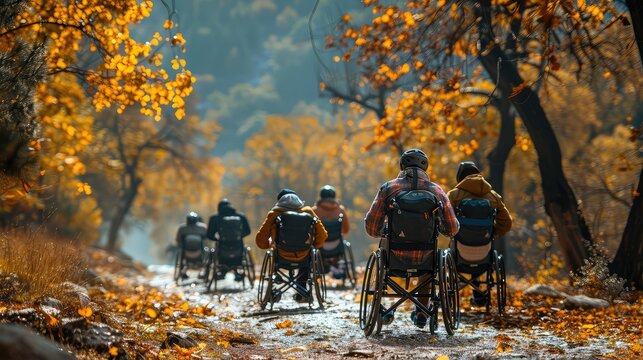 Group of disabled people in wheelchairs doing outdoor activities together