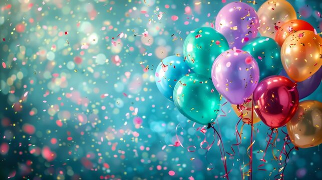 A joyous setting with balloons and confetti against a backdrop of blue and green