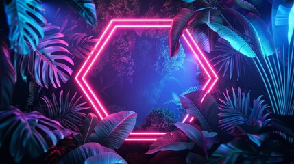 A modern hexagon frame design featuring an abstract neon background with tropical leaves