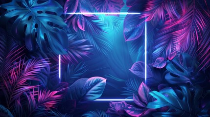 neon background with tropical leaves, using a color scheme of blue and turquoise