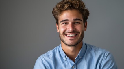 Confident Professional: Handsome Smiling Businessman in Blue Shirt isolated on gray background