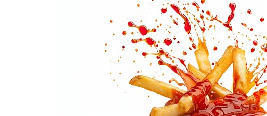 French fries with tomato sauce splashes flying out of paper packaging on white background.