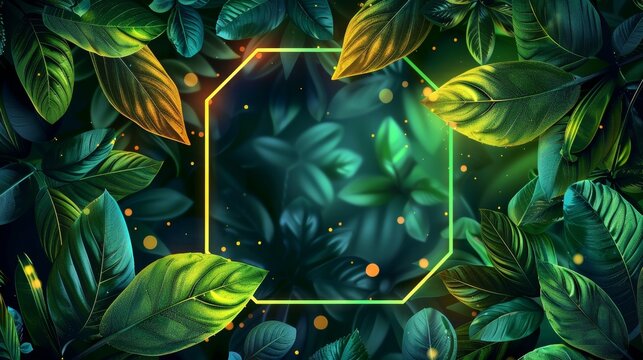 An artistic hexagon frame design with an abstract neon background and tropical leaves