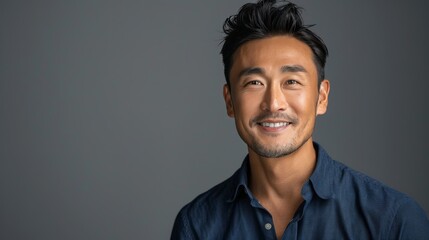 Fototapeta premium Confident Professional: Handsome Smiling Businessman in Blue Shirt isolated on gray background