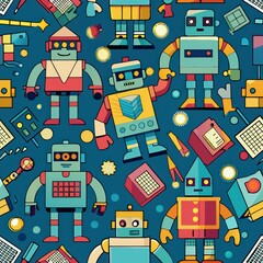 Seamless pattern of blocky robots and cyborgs in futuristic poses, adding a touch of sci-fi flair to your gift wrap, Generative AI