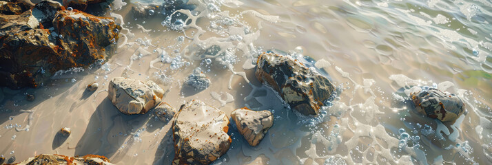 Rocks and sand submerged in water are portrayed in a lush baroque style with translucent geometries and a sun-kissed palette.