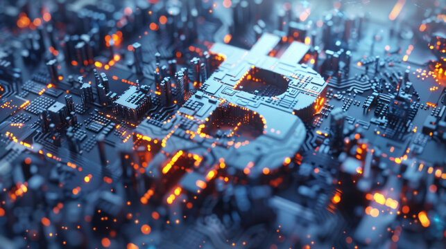 A symbol stands against a blue background, depicted in a greeble style with holography, digital illustration, and a neo-op theme.