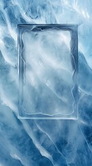 A frame made of frosted glass, blurring the edges of the empty space within, mounted on a wall of smooth, polished ice, blending transparency and texture. 32k, full ultra HD, high resolution