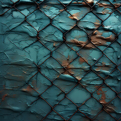 A textured background featuring an old metal fence with a chain-link pattern, blending into nature with green leaves and a hint of blue glass