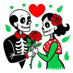 illustration of a skeleton couple deeply in love, embracing each other amidst a backdrop of swirling hearts, symbolizing eternal romance