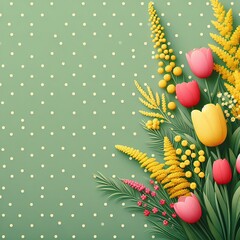 pink and yellow tulips, yellow flowers in the bottom right corner, green background