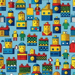 Seamless pattern of bricks and minifigures, celebrating the timeless appeal of these iconic building toys, Generative AI