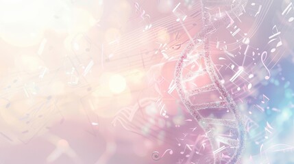 Obraz premium DNA double helix interlaced with musical notes on a subtle pastel background, offering plenty of copy space