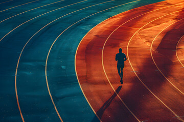 Silhouette of a runner on asphalt track surrounded by electric blue landscape