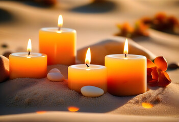 A photo of lit candles on a bed of sand with a sunset in the background, surrounded by flowers