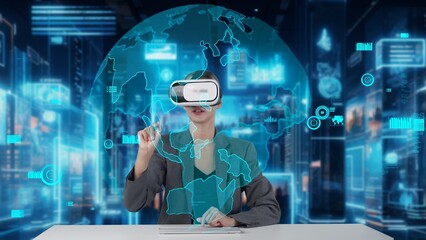 Businesswoman pointing world market data rotating analysis screen by VR future global innovation...