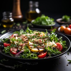 Rustic Salad with Grilled Halloumi in Black Bowl