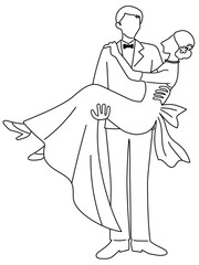 花嫁を抱き上げる花婿の線画のベクターイラストレーション