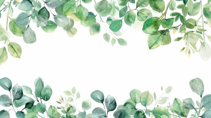 Watercolor illustration featuring vibrant green leaves on a white background, creating an elegant and natural frame, copy space