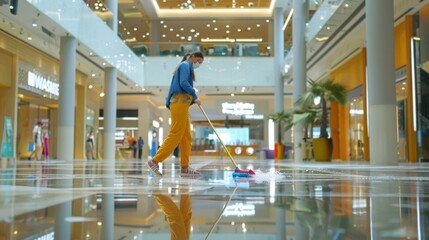 A woman is mopping a floor in a mall
