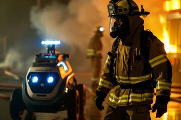 Naklejka premium A firefighter stands in front of a robot, both ready for emergency response and collaboration