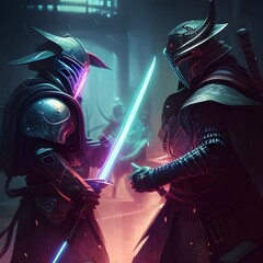 Naklejka premium Futuristic Samurai Warriors Battle Mythical Wizards in SciFi Showdown