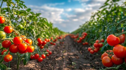 Expansive tomato farm under a bright blue sky with rows of vibrant red tomatoes and green vines stretching into the distance Generative AI