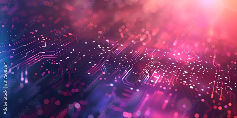 Poster close up of computer circuit board with many dots on it and a blurry background of light