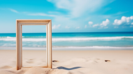Wooden picture frame held against a sandy beach, with clear blue sky and ocean in the background, concept of framing the perfect summer moment.