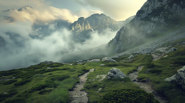 A mountain path winds through a lush green valley, with towering peaks rising up on either side